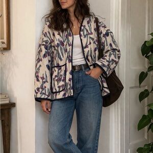 Entro Floral Quilted Jacket - Cream with Purple & Blue Print